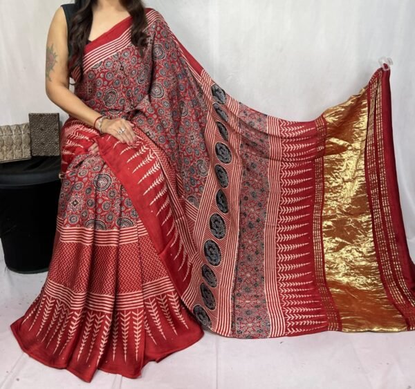 Ajrakh Hand Block Pure Modal Silk Saree