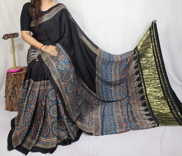 Ajrakh Hand Block Pure Modal Silk Saree