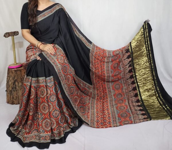 Ajrakh Hand Block Pure Modal Silk Saree