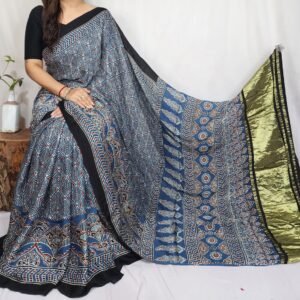 Ajrakh hand block print pure modal silk saree