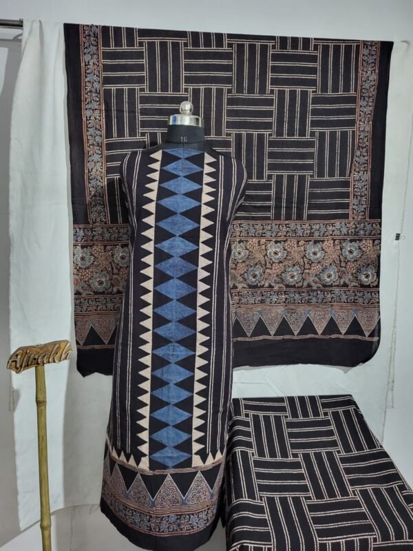 Buy Black Ajrakh Cotton Unstitched Suit Online – Handcrafted Natural Dyed Fabric