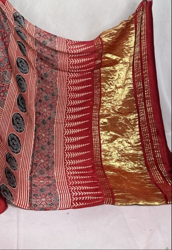 Ajrakh Hand Block Pure Modal Silk Saree - Image 2