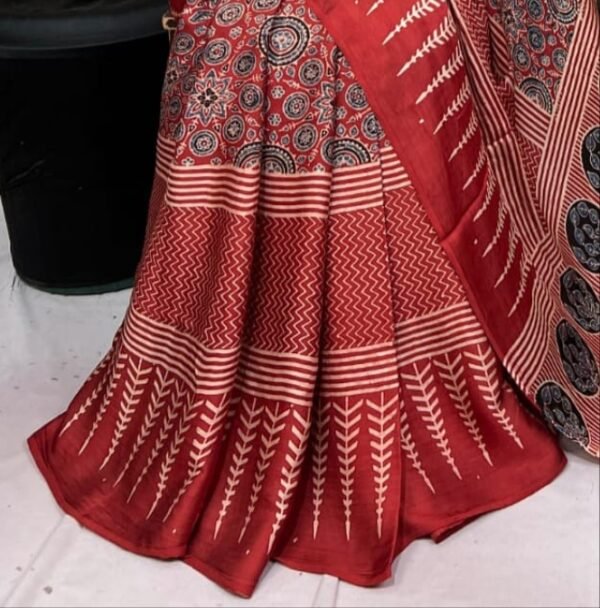 Ajrakh Hand Block Pure Modal Silk Saree - Image 3