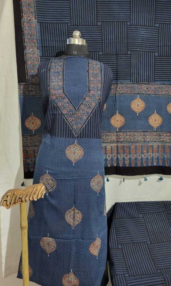 Buy Blue Ajrakh Cotton Unstitched Suit Online – Handcrafted & Naturally Dyed