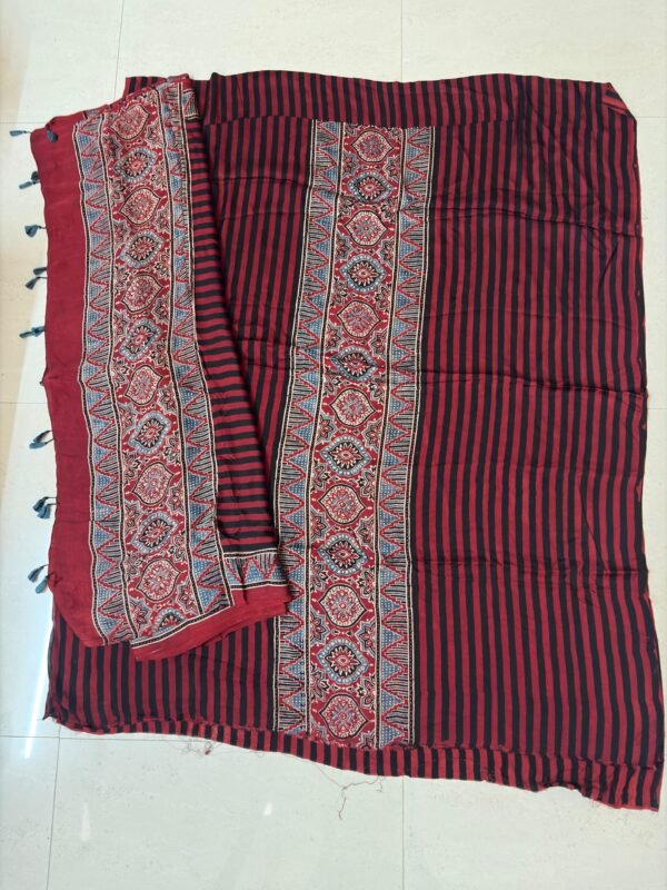 Red & Black Striped Cotton Dress Material with Ethnic Motif & Tassel Dupatta