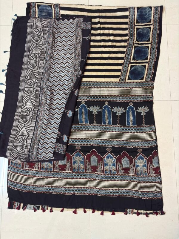 Elegant Ajrakh Print Cotton Dress Material Set – Beige & Black Stripes with Multicolor Dupatta