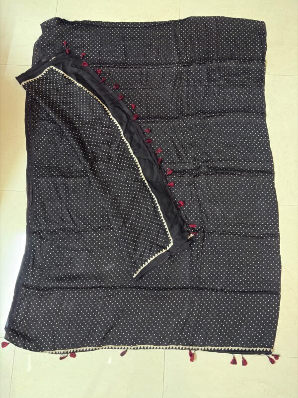 Elegant Black Cotton Suit Set with White Dots and Tassel Detailing | Cotton Ajrakh suit set under 5000rs