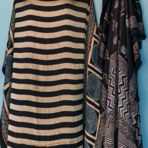 Elegant Ajrakh Print Cotton Dress Material Set – Beige & Black Stripes with Multicolor Dupatta