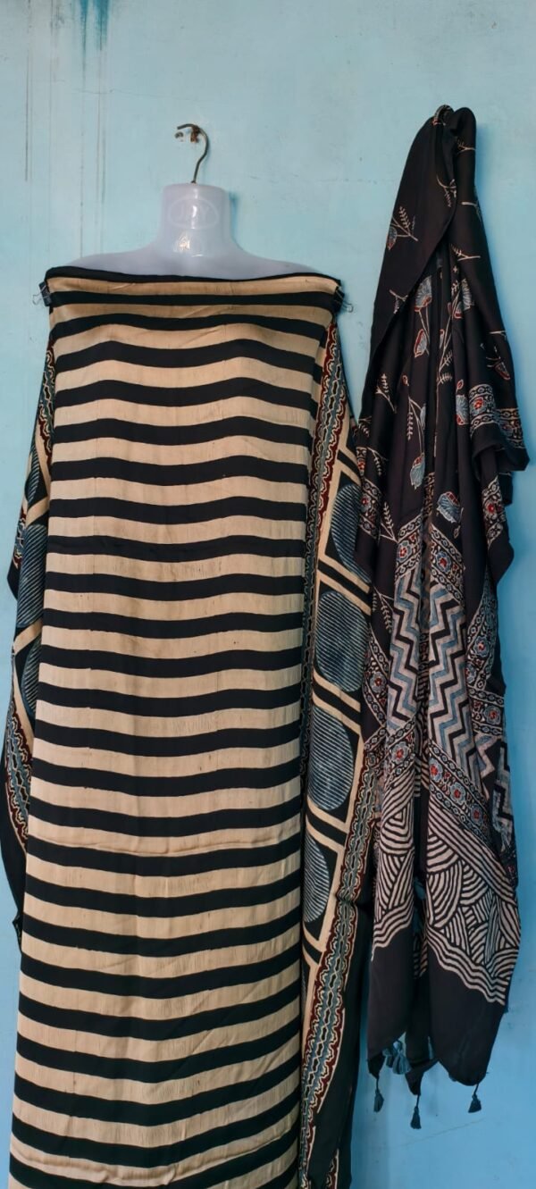 Elegant Ajrakh Print Cotton Dress Material Set – Beige & Black Stripes with Multicolor Dupatta