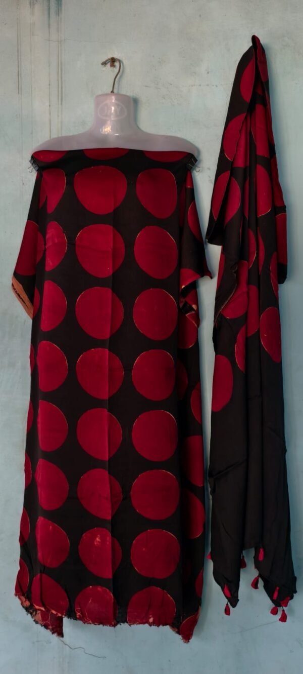 Handcrafted Black & Maroon Polka Dot Cotton Suit Set with Dupatta