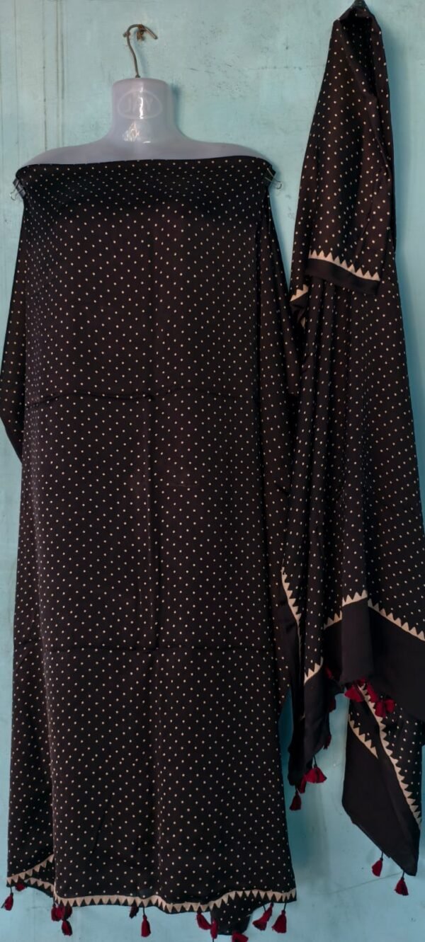 Elegant Black Cotton Suit Set with White Dots and Tassel Detailing | Cotton Ajrakh suit set under 5000rs