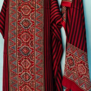 Red & Black Striped Cotton Dress Material with Ethnic Motif & Tassel Dupatta