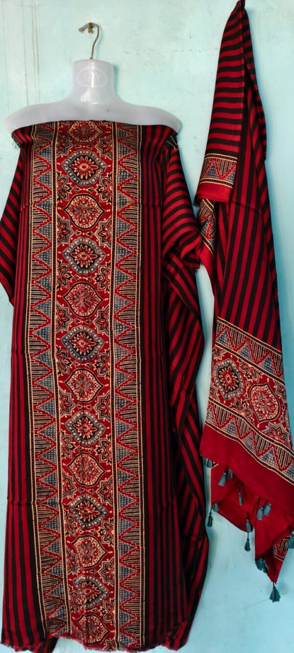 Red & Black Striped Cotton Dress Material with Ethnic Motif & Tassel Dupatta